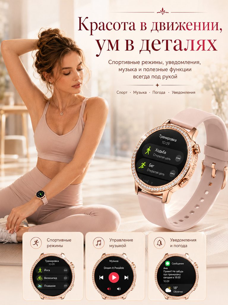 Product picture of rose gold smart watch in Russian: The yoga scene is in the background, the watch displays the sports menu, and the three interface cards at the bottom correspond to sports, music and notification themes respectively.