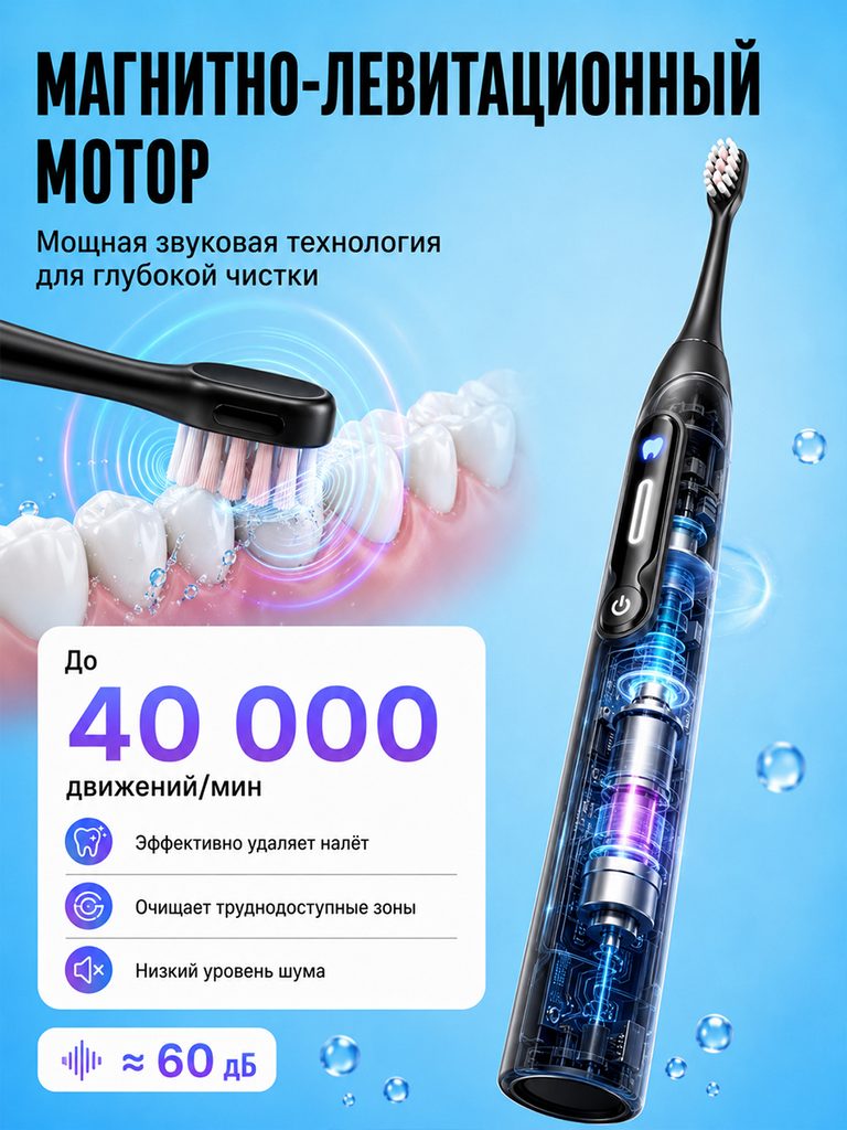 Russian product image of an electric toothbrush with black display: The whole machine uses a translucent structure to display the internal theme, ripples appear next to the teeth and brush head, and the 40,000 and noise annotations are concentrated in a white information card.