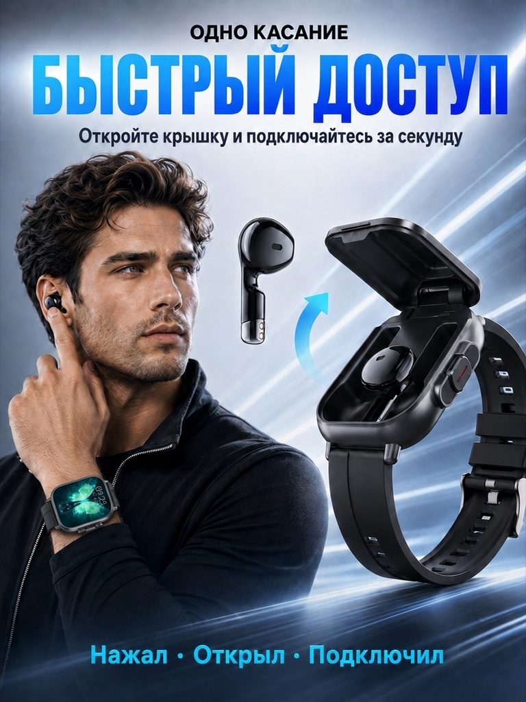 Picture of the Russian product of the smart watch with built-in Bluetooth headset: the open-cover watch and the floating headset occupy the right side, the arrow points to the direction of removal, and the character wears the headset on the left side.