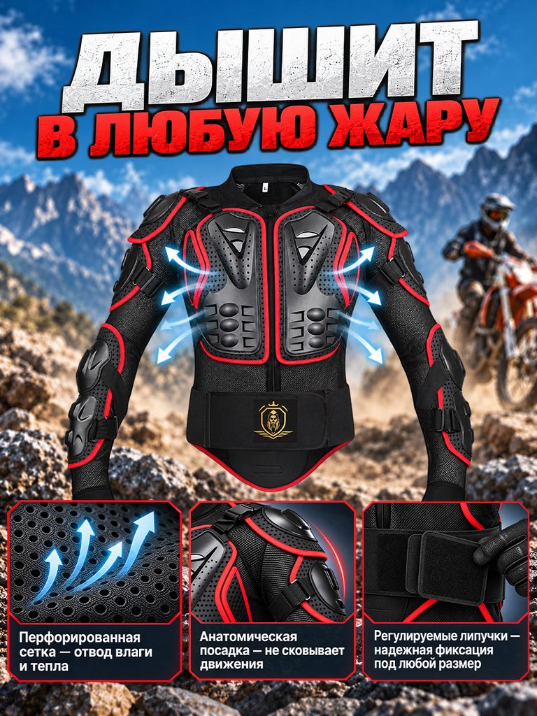 Product photo of motorcycle armor and kneepad set in Russian: The blue arrow passes through both sides of the armor, and the three boxes below enlarge the mesh, structure and adjustment strap respectively.