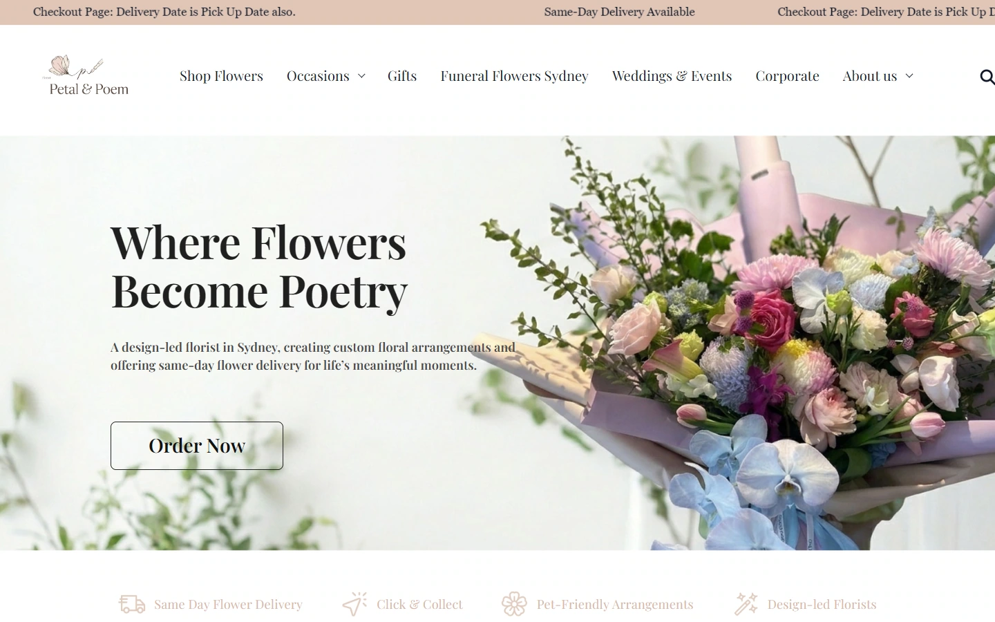 Petal & Poem Home Page: Floral Brands and Local Flower Ordering Experience
