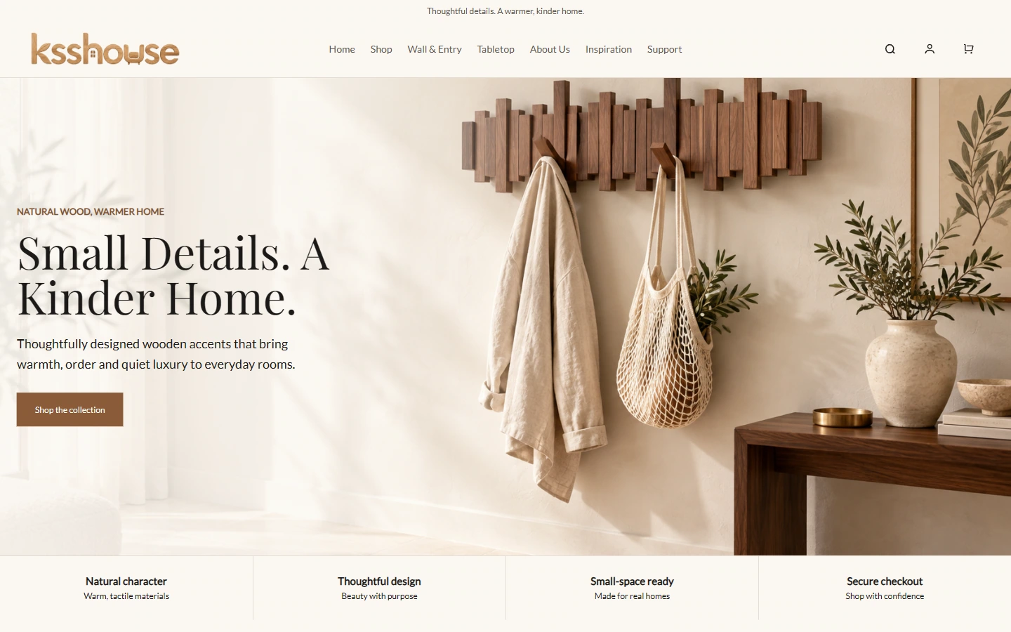 Home page above the fold: first establish the brand tone of wooden home furnishings