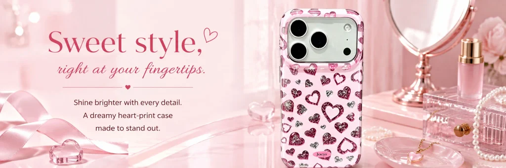 SHEIN mobile phone case store poster design - second picture: strengthening the sweet attributes of love mobile phone cases through pink scenes