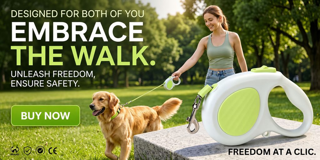 Shopee Pet Products Store Poster Design-Pet Retractable Leash: Use real walking scenes to establish first-attraction attraction