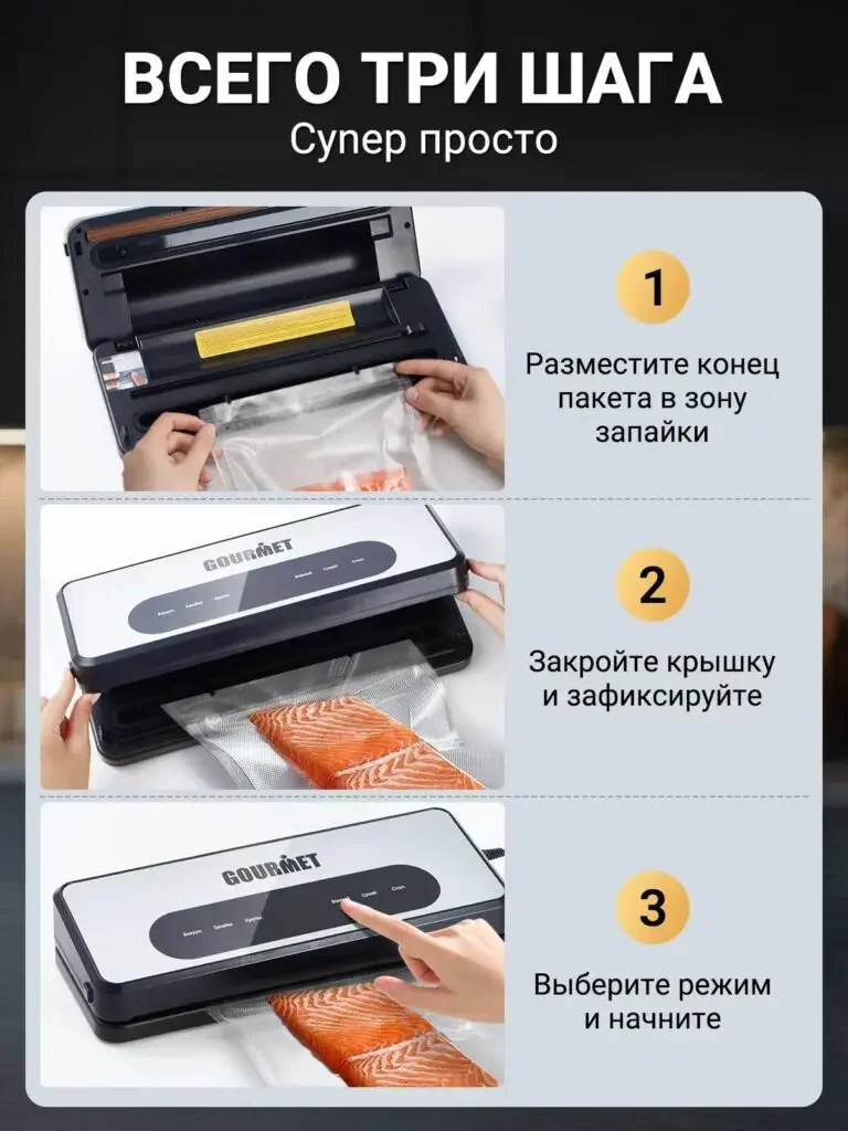 GOURMET vacuum packaging machine product picture in Russian: three photos show the bag placement, closing and selection modes in sequence, with yellow serial numbers connecting each step of the instructions.