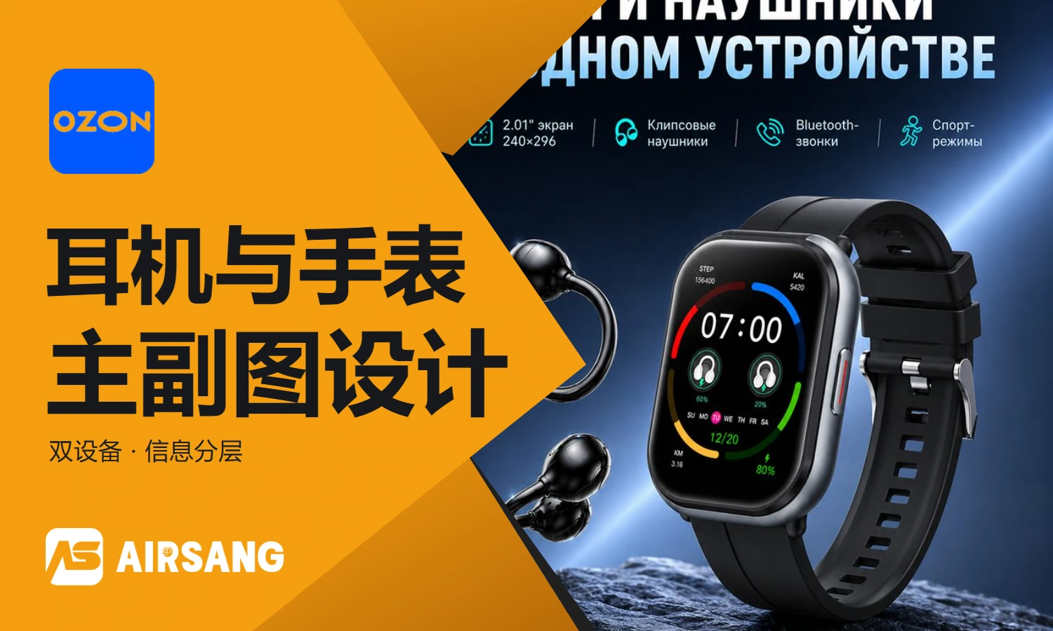 Ozon ear clip earphones and smart watch main product image design case: layered description of dual device functions