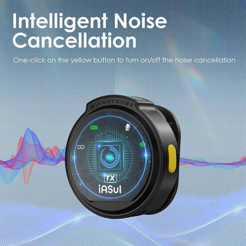 Product picture of circular wireless lavalier microphone: Internal diagram: circular body connected with sound wave pattern