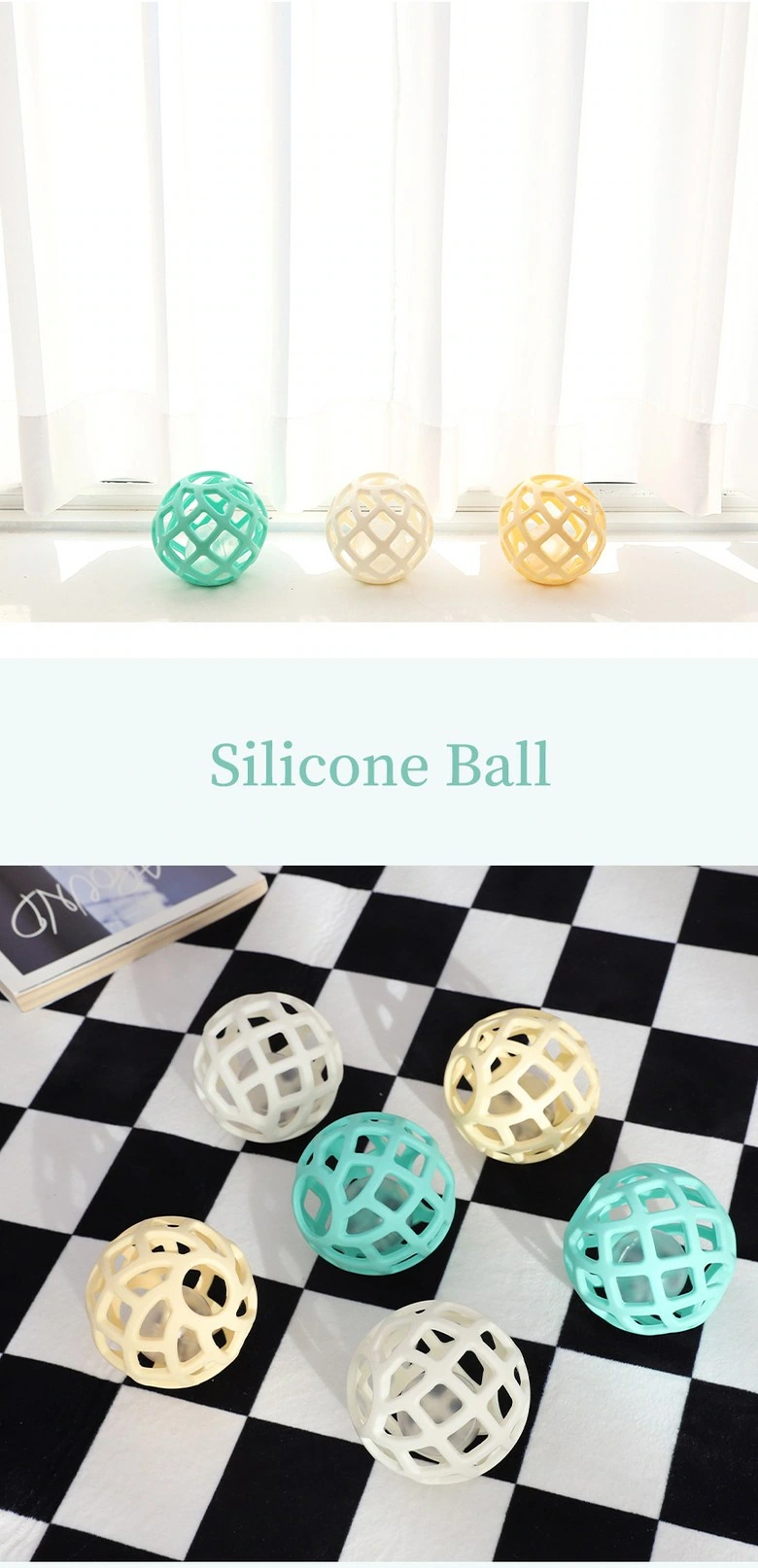 Hollow silicone teether ball: color change: two sets of photos form an upper and lower comparison