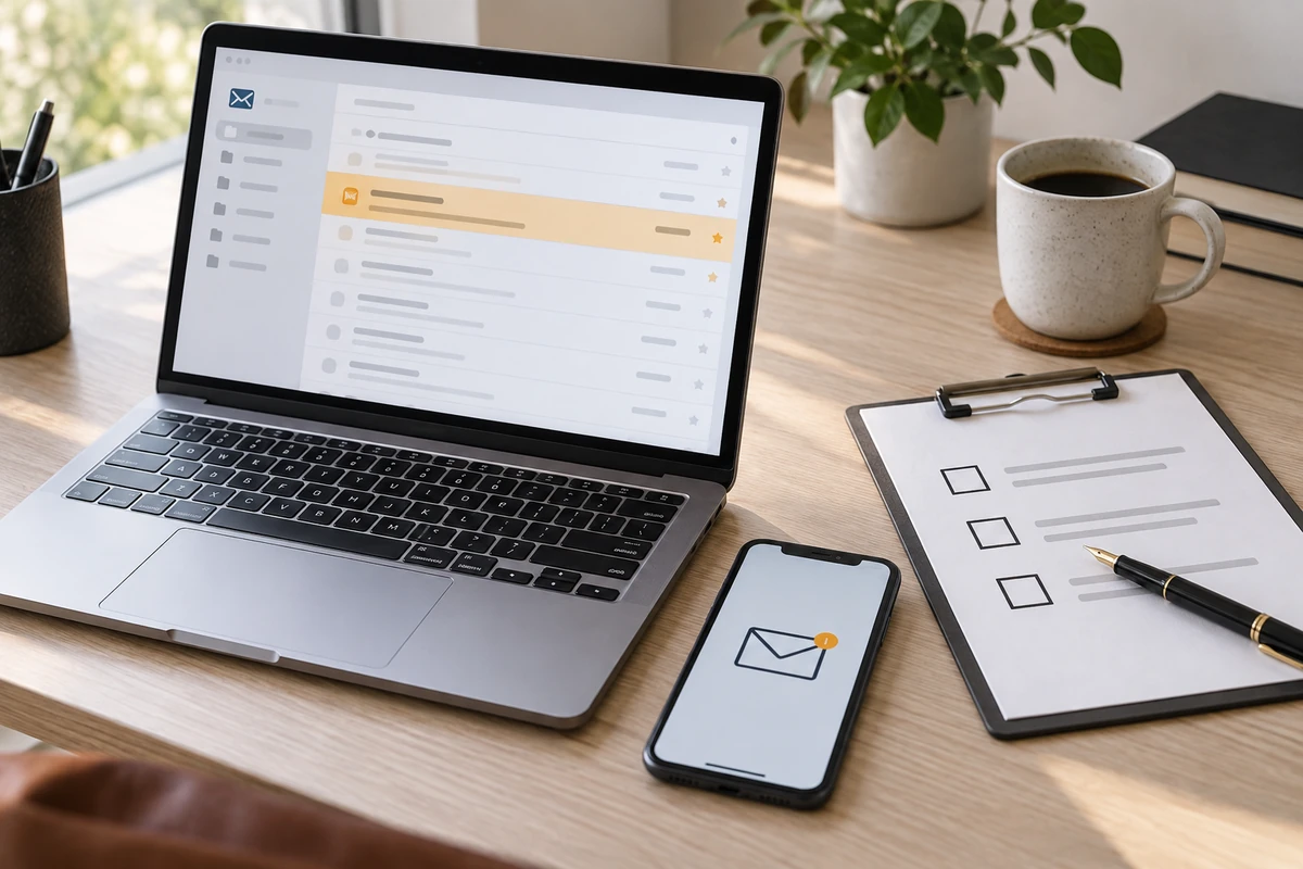 Conceptual scene of customer inquiry delivery check consisting of email inbox, mobile phone notification and paper list