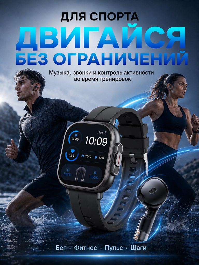 Picture of the Russian product of the smart watch with built-in Bluetooth headset: running figures are arranged on the background, the watch activity interface and the earphones are enlarged in the front, and the text at the bottom distinguishes the activity theme.