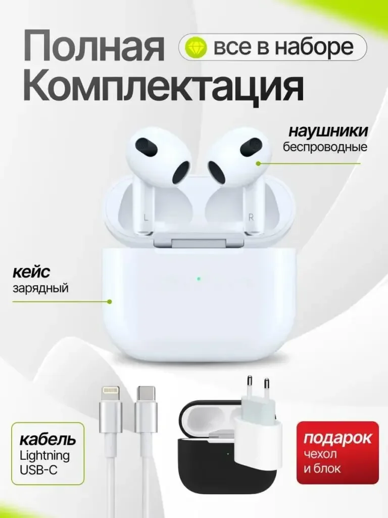 A. Product picture of Pods 3 Bluetooth headsets in Russian: two headphones are placed above the charging box, the wires, protective covers and charging components are listed at the bottom, and the labels point to the items.