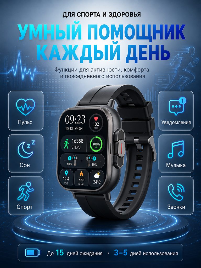 Product picture of the Russian product of the smart watch with built-in Bluetooth headset: The watch is centered, with heart rate, sleep, activity, notification, music and call icons on both sides, and different battery life calibers are reserved at the bottom.