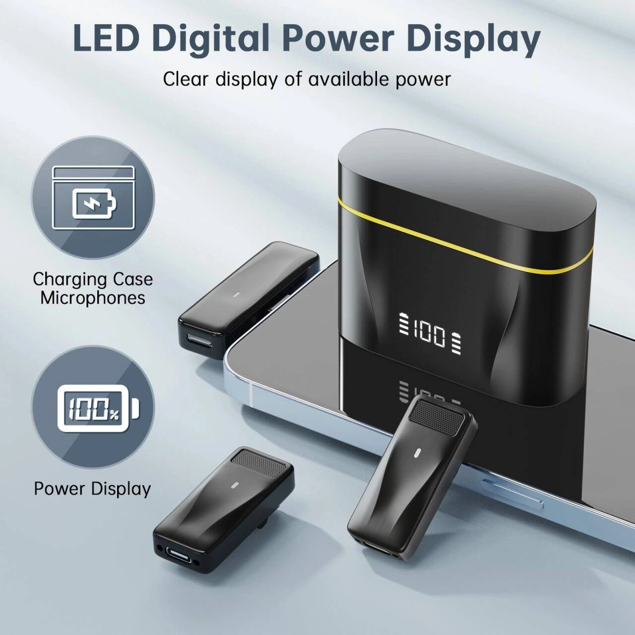 Product image of square wireless lavalier microphone: Showing details: Highlight the box and interface with a close-up view