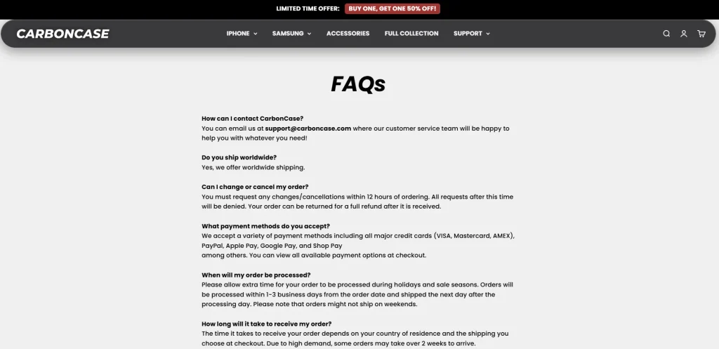 Shopify carbon fiber mobile phone case brand website design case-FAQ frequently asked questions area-as a conversion tool, not an information accumulation area