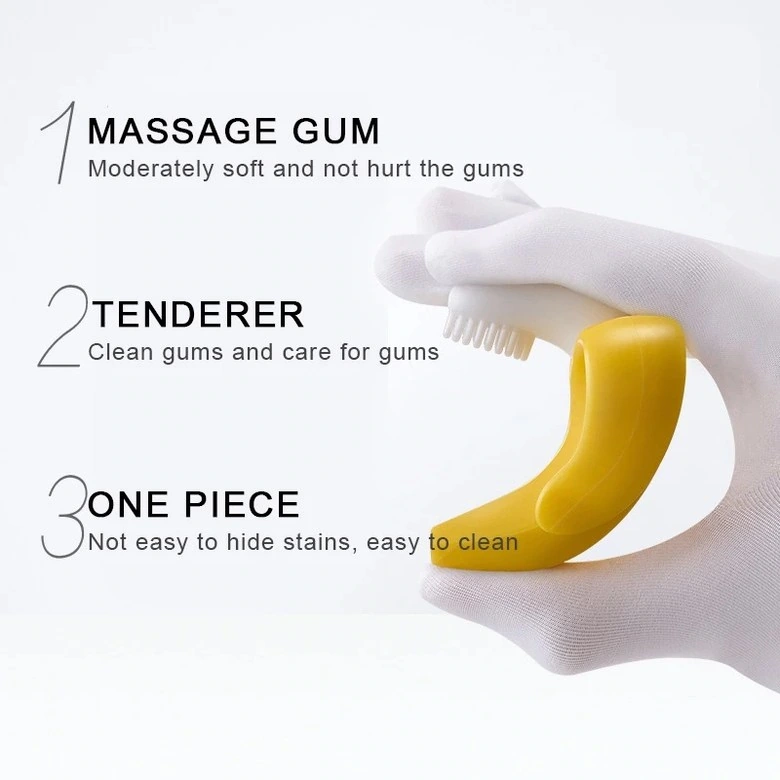 Banana-shaped teether: point description: the text on the left corresponds to the close-up view on the right
