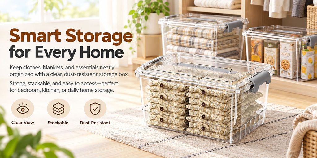 Shopee Home Halloween Product Poster Design-Transparent Clothing Storage Box: Highlighting Capacity, Neatness and Space Management