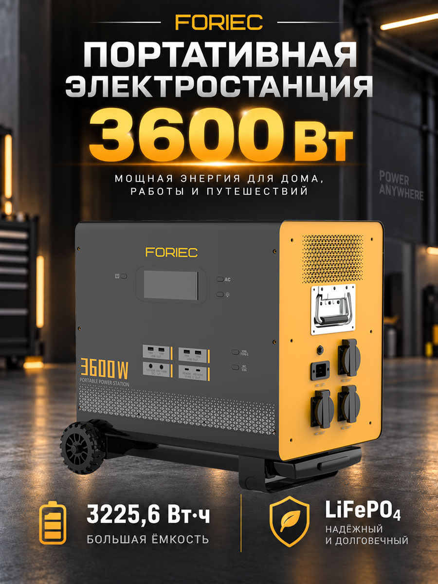 The Russian main visual of FORIEC outdoor energy storage power supply shows the 3600W title, gray and black body and yellow interface side panel