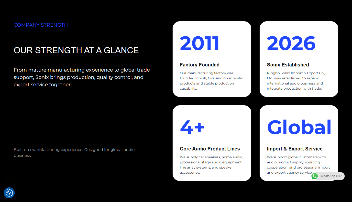 Brand page capability overview module organizes year, product line and international business information into cards