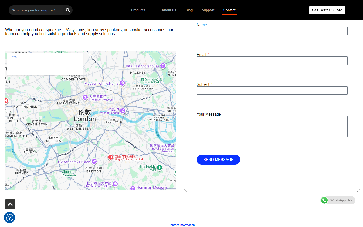 Phonix Audio contact page request form, showing name, email, subject, message field and submit button