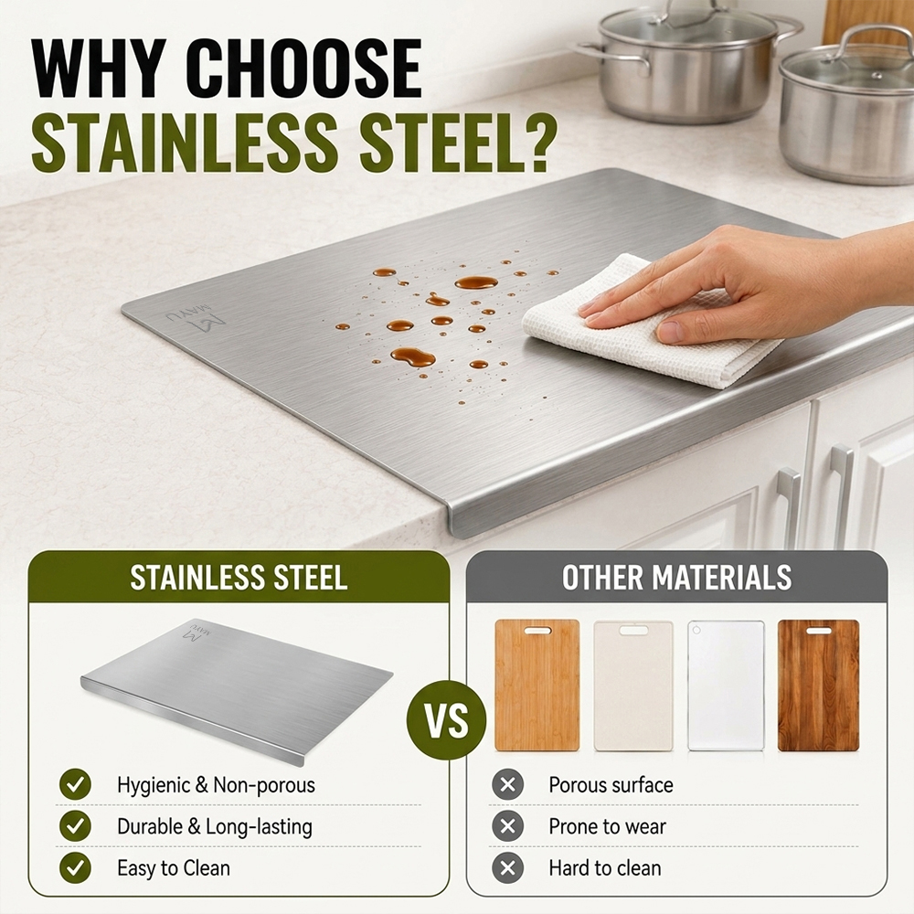 Temu stainless steel cutting board main product image design - explaining why stainless steel is chosen through material comparison