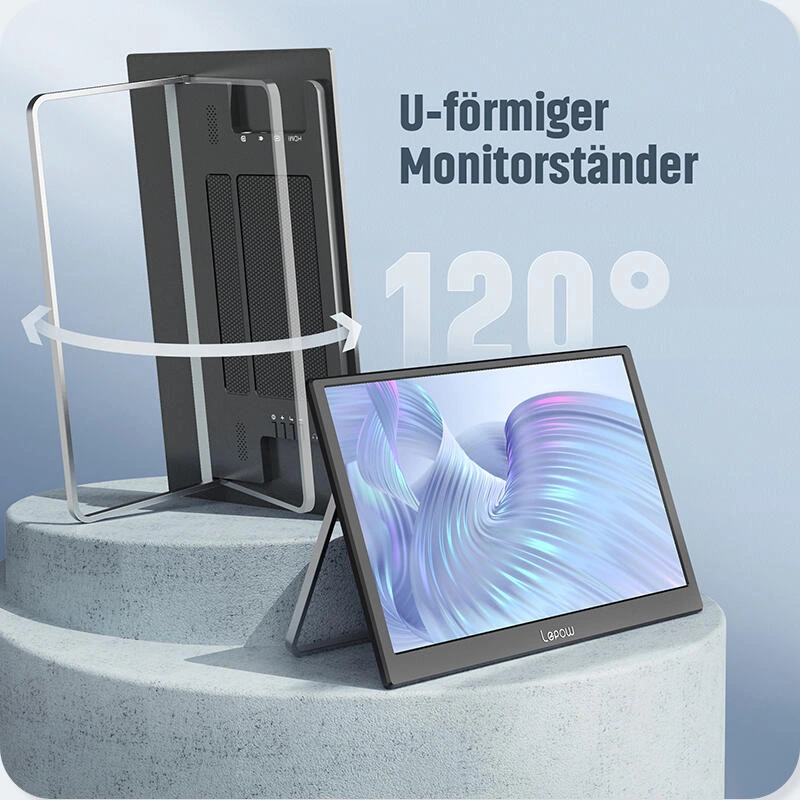 Portable monitor product picture: stand angle: arc and horizontal and vertical placement used together