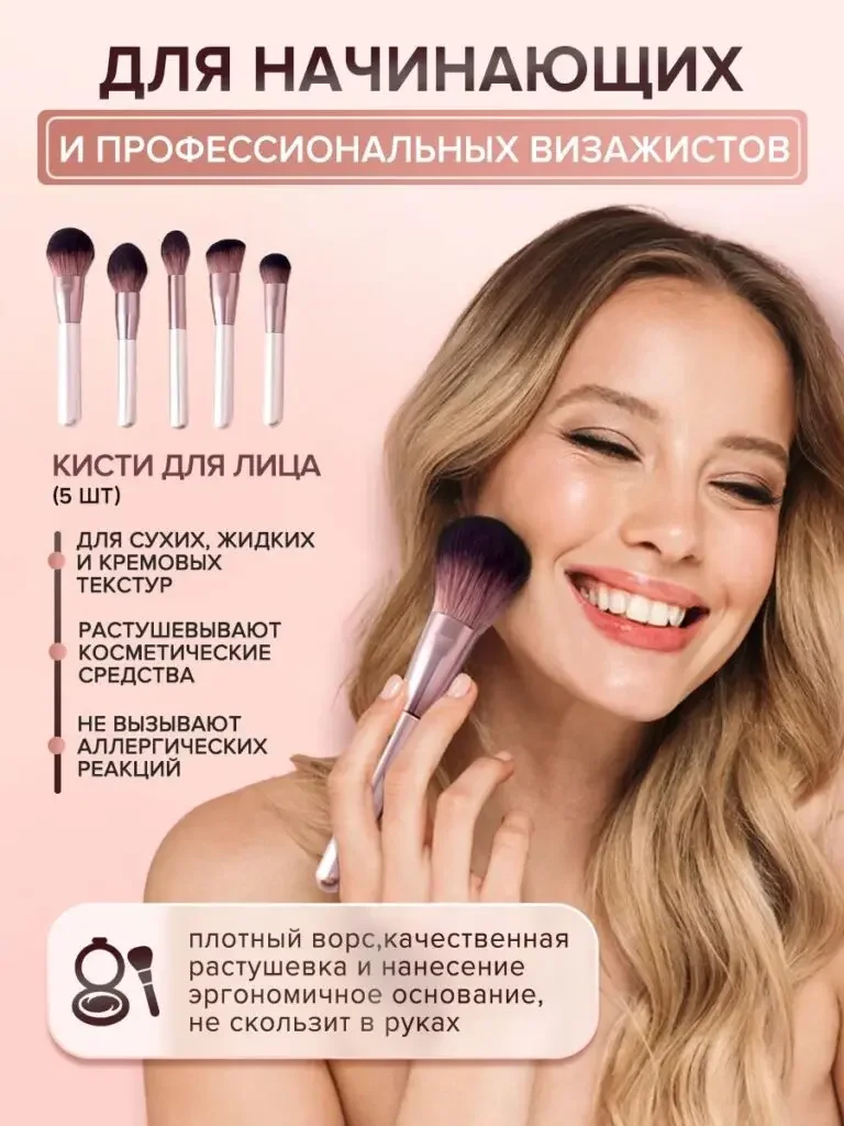 Russian product picture of the 12-piece makeup brush set: the character is holding the brushes and touching the face. The five facial brushes are juxtaposed in the upper corner, and the instruction list is arranged on the side.