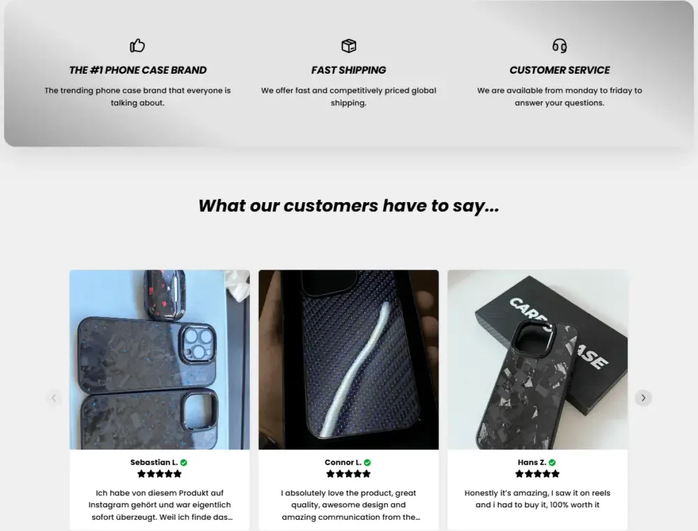 Shopify carbon fiber phone case brand website website design case - building user trust through page layout - social proof and brand credibility design