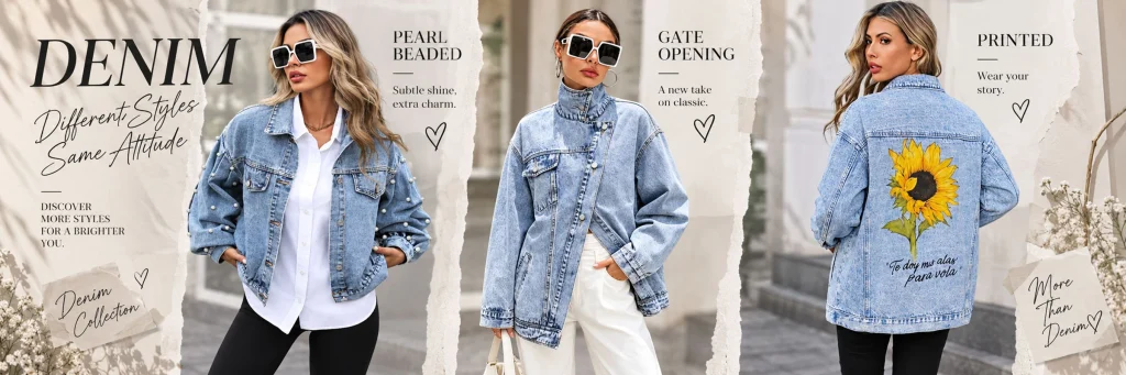 SHEIN women's clothing store poster design case - fifth picture: three denim jackets each establish independent selling points