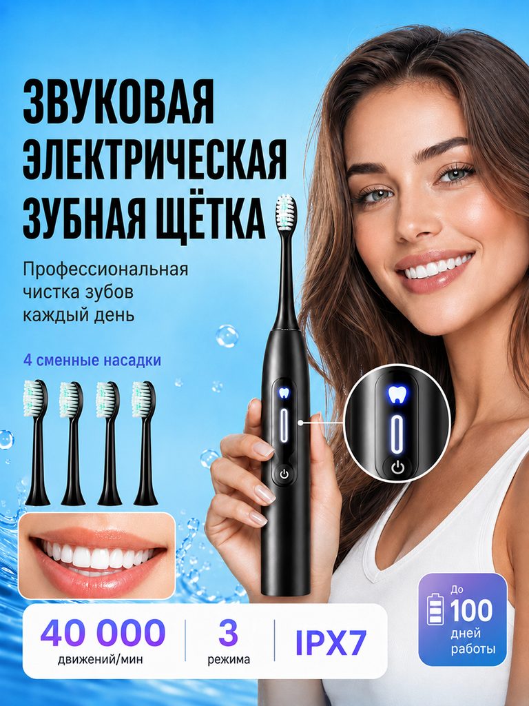 Russian product picture of electric toothbrush with black display: the character is holding a black toothbrush, four replacement brush heads are displayed on the left, and the bottom card lists information such as 40,000, 3 modes, and IPX7.