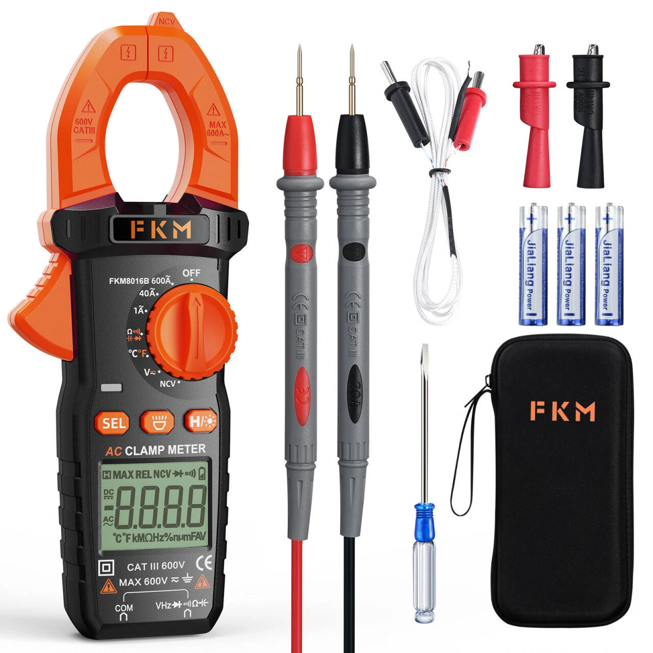 Clamp measuring instrument product picture: Package list: Instruments and accessories arranged on white background