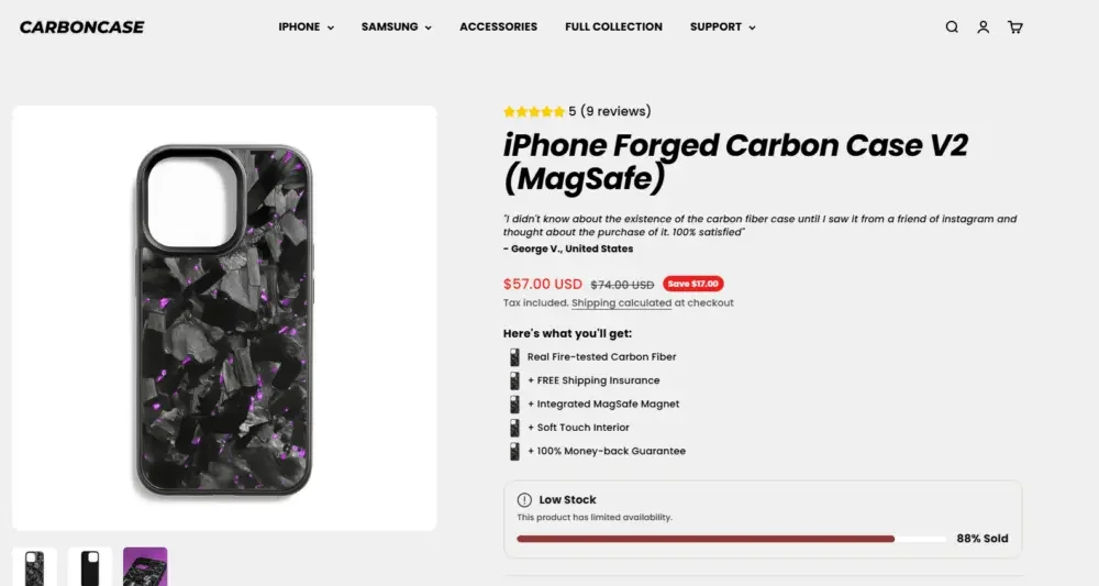 Shopify carbon fiber phone case brand website website design case-selected product area design-designed for quick browsing and conversion