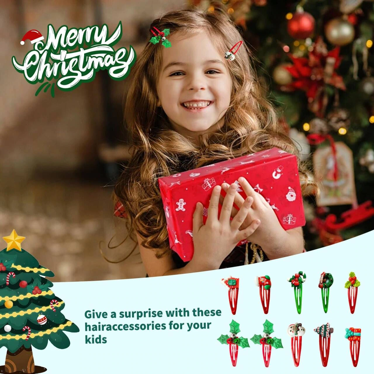 Product picture of Christmas hairpin set: gift situation: use arcs to connect photos and products