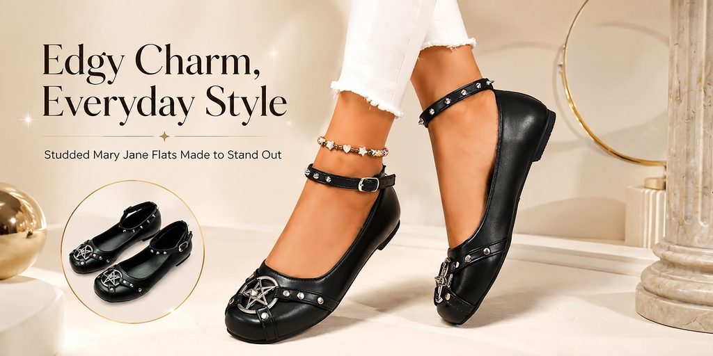 Temu women's shoe store poster design case - black Mary Jane shoes poster: highlight design features through detail amplification