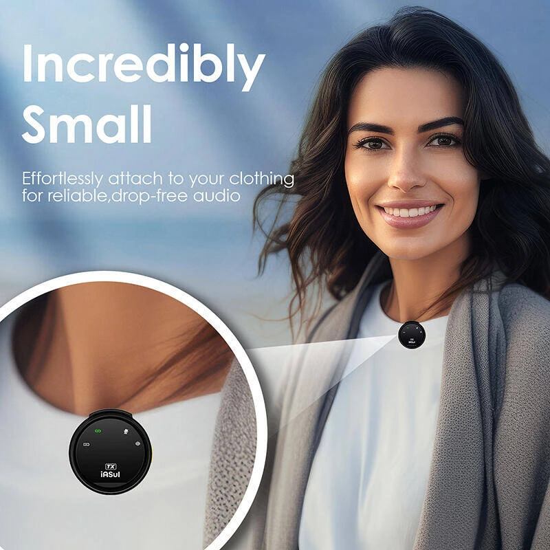 Product picture of circular wireless lavalier microphone: wearing close-up: the person corresponds to the circular enlarged picture