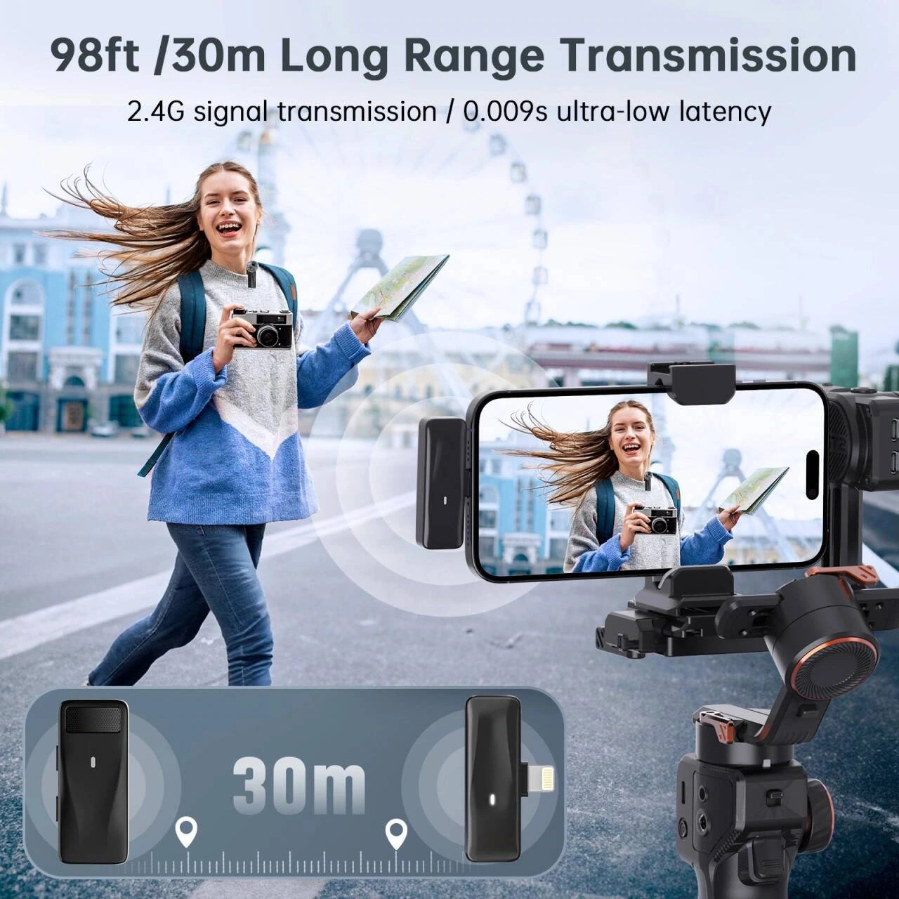 Square wireless lavalier microphone product picture: Outdoor theme: distance graphic connects both ends of the screen