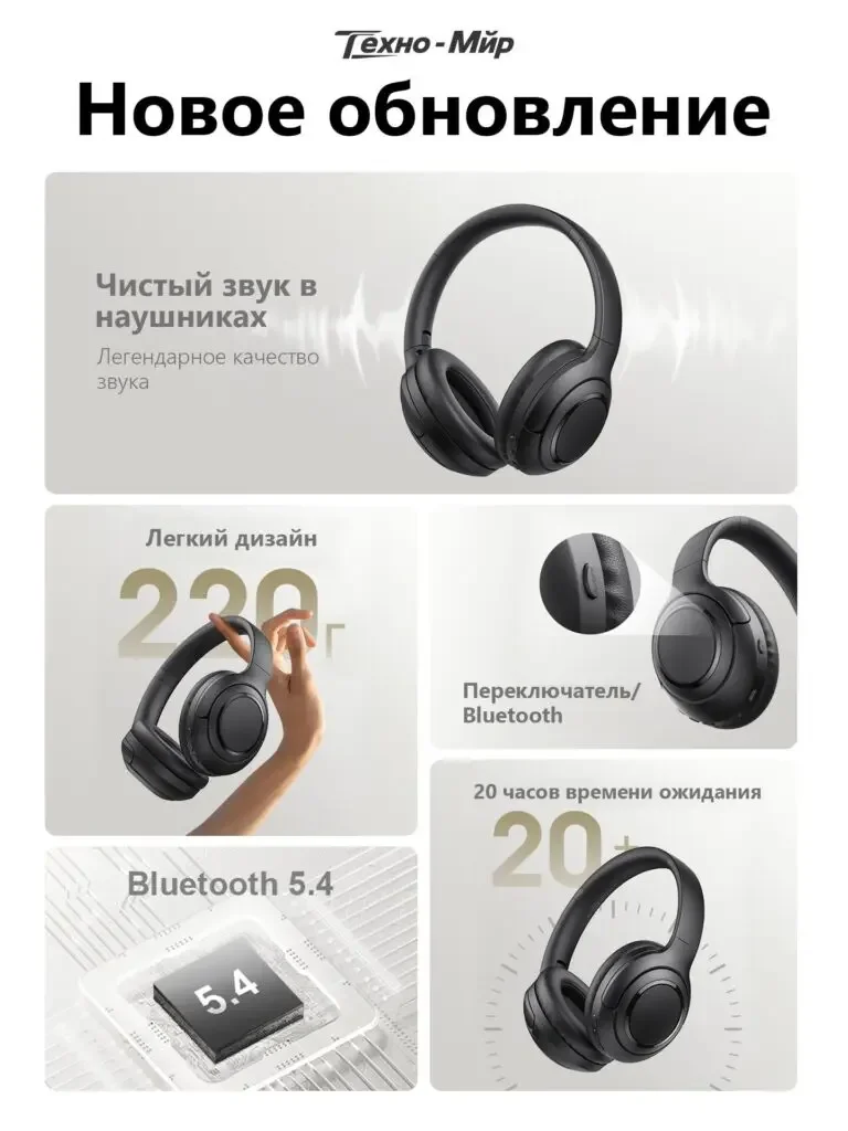 Black Bluetooth headset Russian product picture: sound, weight theme, connection and battery are combined with large and small cards, and the angle of the headset and hand-holding status are explained accordingly.