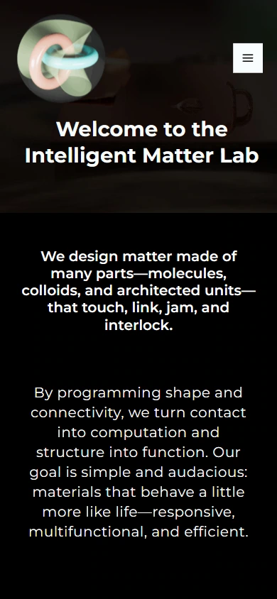 Intelligent Matter Lab mobile homepage: reallocate space according to narrow screen