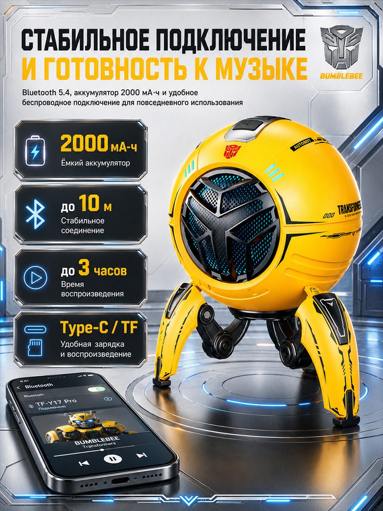 TF-Y17 Pro spherical mecha Bluetooth speaker Russian product picture: The left card lists 2000mAh, distance, playback time and Type-C/TF theme, the right side is the complete machine, and the mobile phone supplements the wireless connection reference.