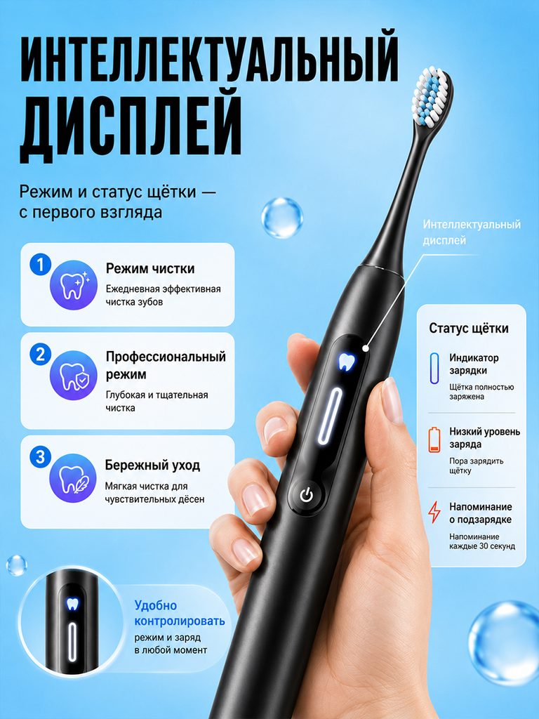 Russian product image of an electric toothbrush with a black display: a large hand-held toothbrush highlights the luminous screen, with three modes listed on the left, power and reminder status arranged on the right, and a partial round frame that enlarges the display area again.