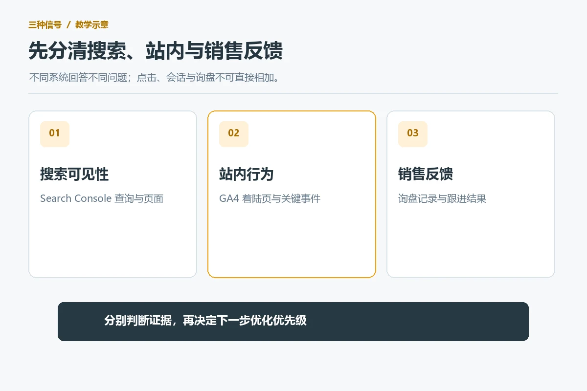 Three sources of evidence: search visibility, on-site behavior and sales feedback on foreign trade websites