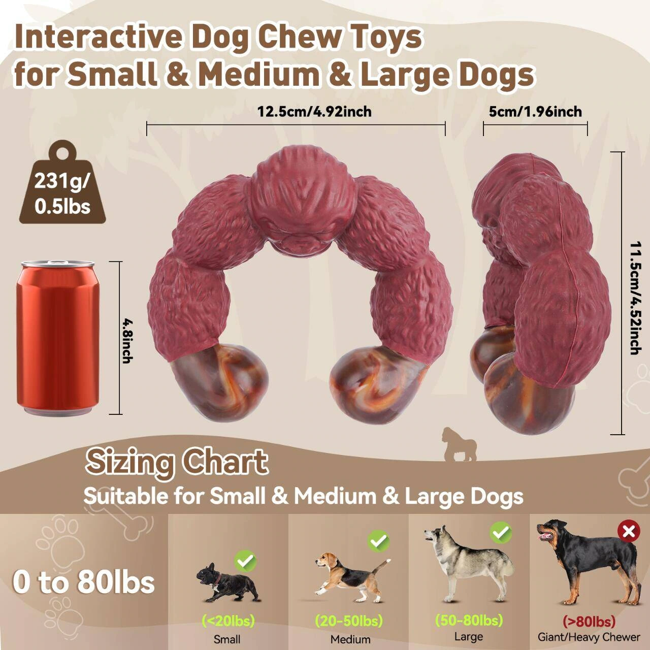 Product picture of pet teething toys: Dimensions page: Front and side views with markings
