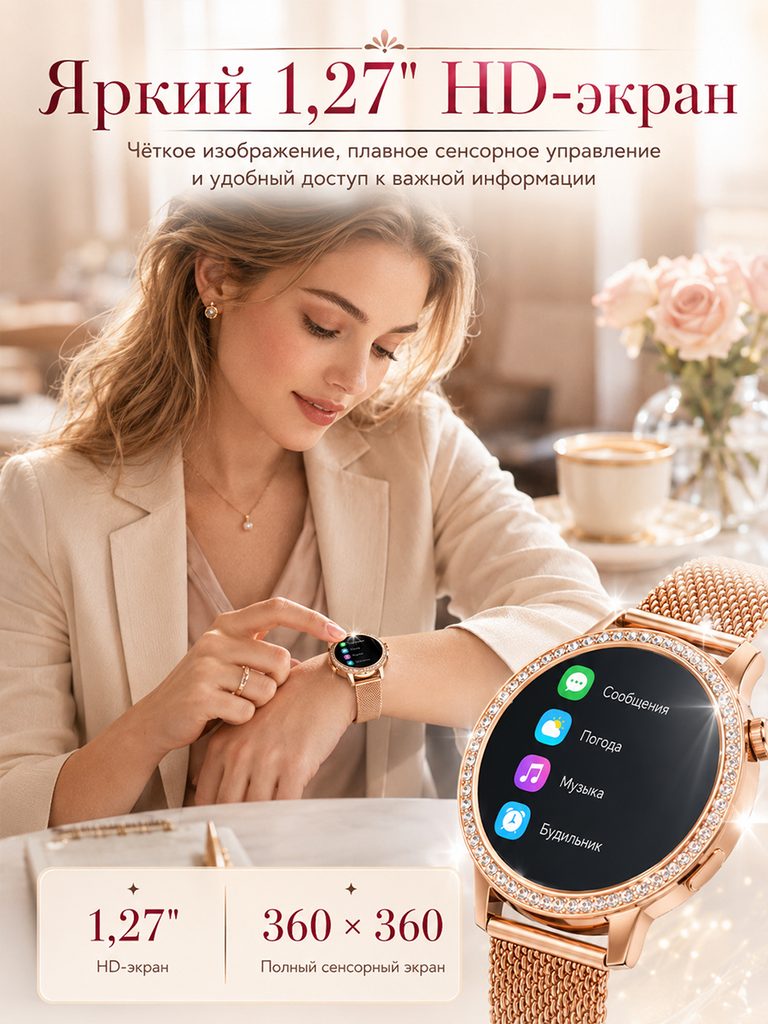 Product picture of rose gold smart watch in Russian: The character touches the screen on the wrist, the menu interface is enlarged on the right side, and the 1.27-inch and 360×360 annotations are independently displayed below.
