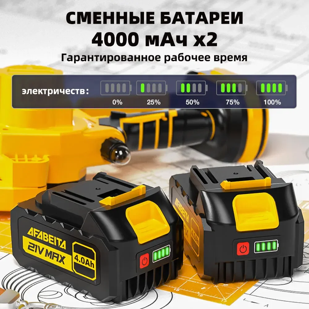 Picture of the Russian product of AFABEITA electric chain saw: a close-up view of two batteries occupies the lower part, and a display from 0% to 100% is arranged above.