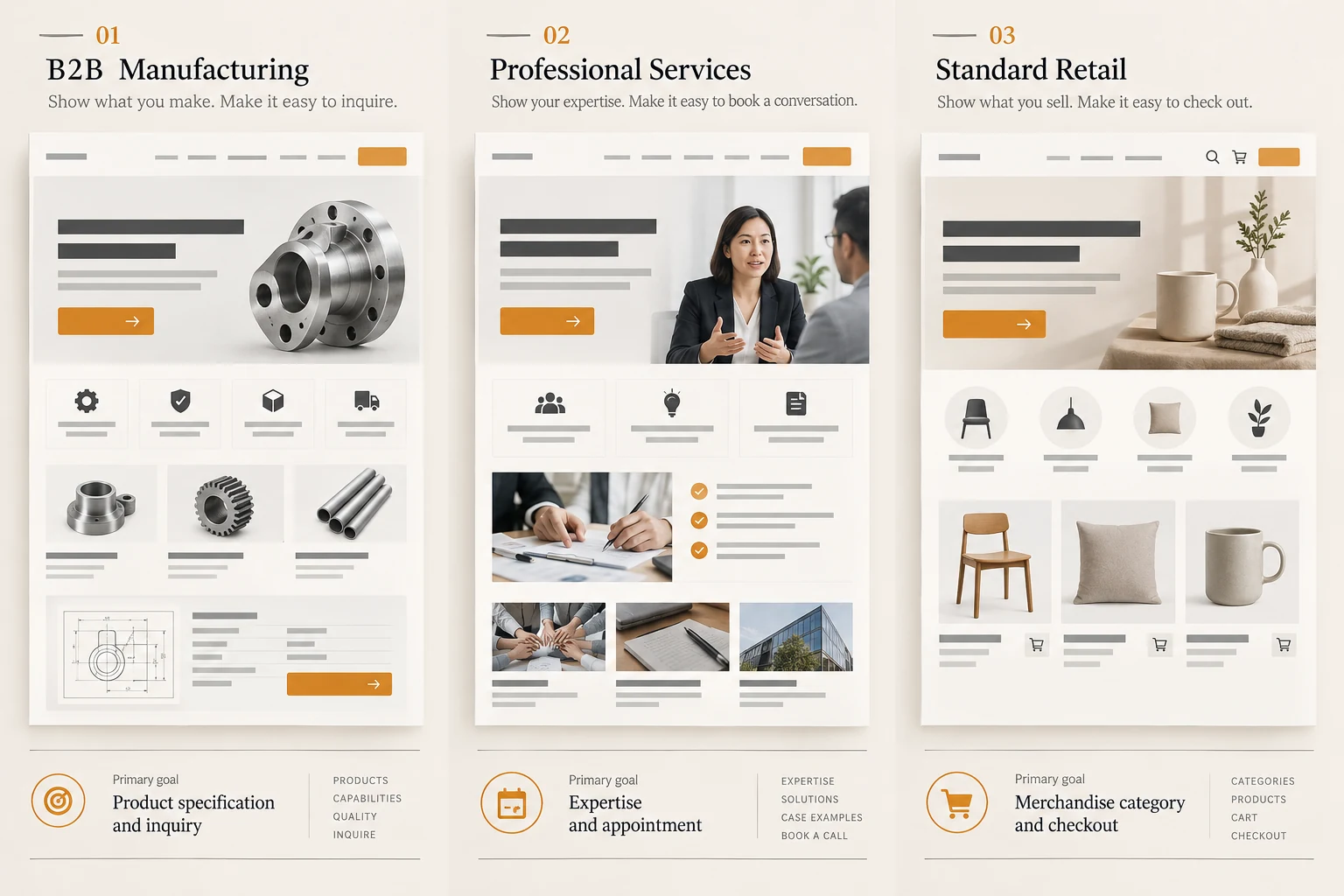 Illustration of different homepage goals for B2B manufacturing, service companies and retail websites