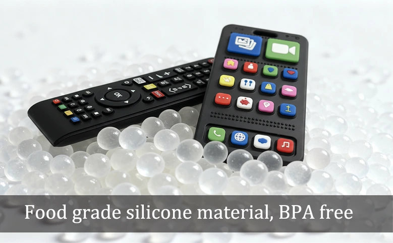 Remote control and mobile phone shaped teether: material theme: use close-up and schematic graphics to form layers