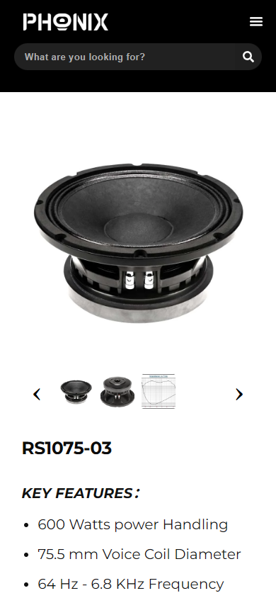 The actual product image and navigation of the RS1075-03 product page under the 390-pixel wide mobile phone viewport