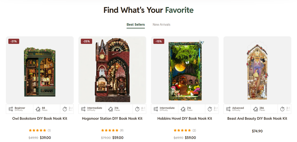 Book Nook World SHOPLINE brand website home page visual design highlights analysis - product card design: make key information clear at a glance