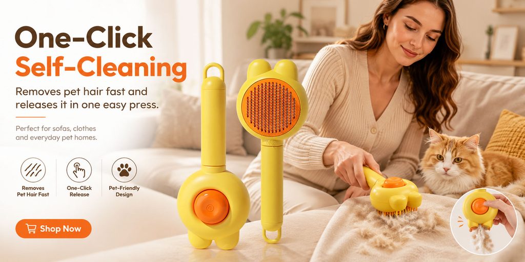 Shopee pet products store poster design-pet hair removal brush: put the functional demonstration into the visual center