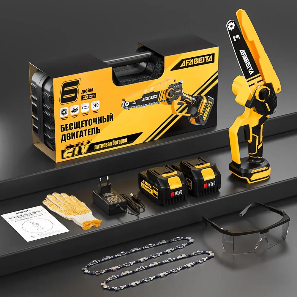 Product picture of AFABEITA electric chain saw in Russian: packaging box, main unit, two batteries, charger, chain, gloves and glasses displayed in layers.