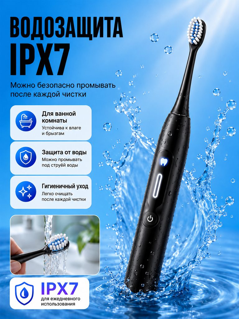 Russian product picture of the electric toothbrush with black display screen: IPX7 is presented in large characters, the body is tilted through the water spray, and the small picture below supplements the brush head rinsing action and corresponding instructions.